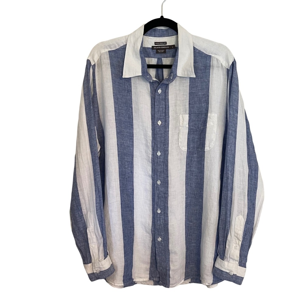 Island Company Mens Blue White Striped 100% Linen Button Down Shirt Large L